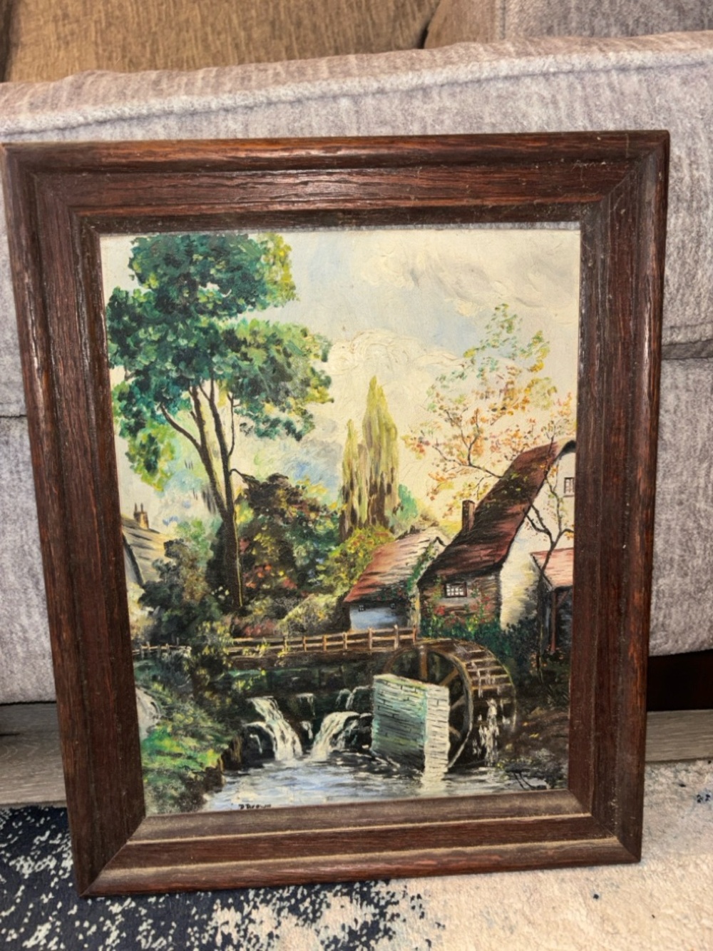 Rustic Watermill Landscape Art Print in Brown Frame
